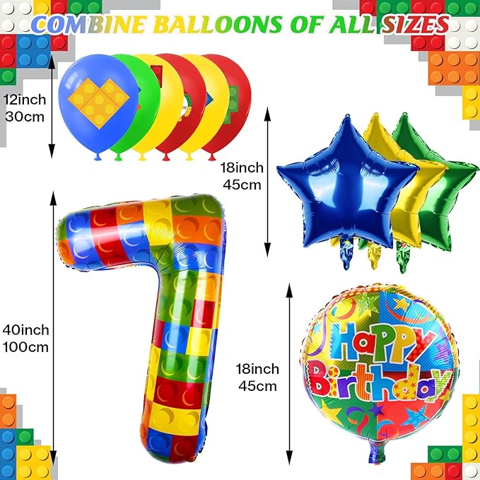 40 Inch Building Block Number Balloon, Colorful Number Block Foil Balloons Large Big Numbers Helium Balloon for Girls Boys 7th Birthday Brick Theme Party Decorations (Number 7)