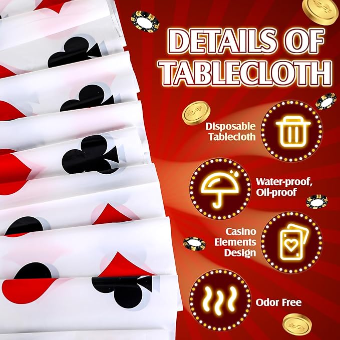 Hosuly 3 Pcs Casino Theme Party Decorations Poker Tablecloth Poker Plastic Disposable Table Cover Casino Theme Tablecloth for Game Birthday Playing Card Party Picnic Supplies, 51 x 108 Inch (Classic)