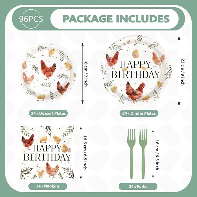 96Pcs Chicken Birthday Party Decorations Barnyard Farm Animal Paper Plates Disposable Watercolor Hen Chick Supplies Tableware for Birthday Baby Shower Chicken Themed Party Decorations Serves 24