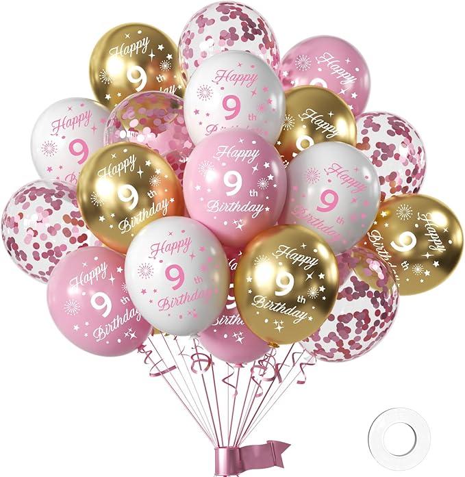Pink 9th Birthday Balloons for Girls 9th Birthday Party Decorations, 12inch 16pcs Pink Gold Happy 9th Birthday Balloons, Party Balloons Confetti Balloons for Girls Princess Theme Party Deocorations