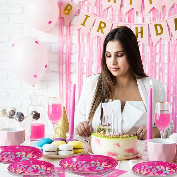 96Pcs In My Thirties Era Plates and Napkins 350GSM Holographic Rainbow 30th Birthday Decoration Hot Pink Tableware Set Singer In My Thirties Era Decoration for Fans Women 30th Birthday Party Serves 24