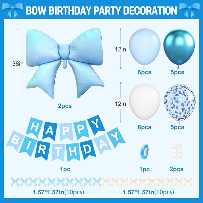 Blue Bow Birthday Decorations, Blue Happy Birthday Banner with Satin Ribbon Mini Bows Decor, White and Clear Balloons and Bow Foil Balloon for Girls Birthday Bows Theme Party Supplies