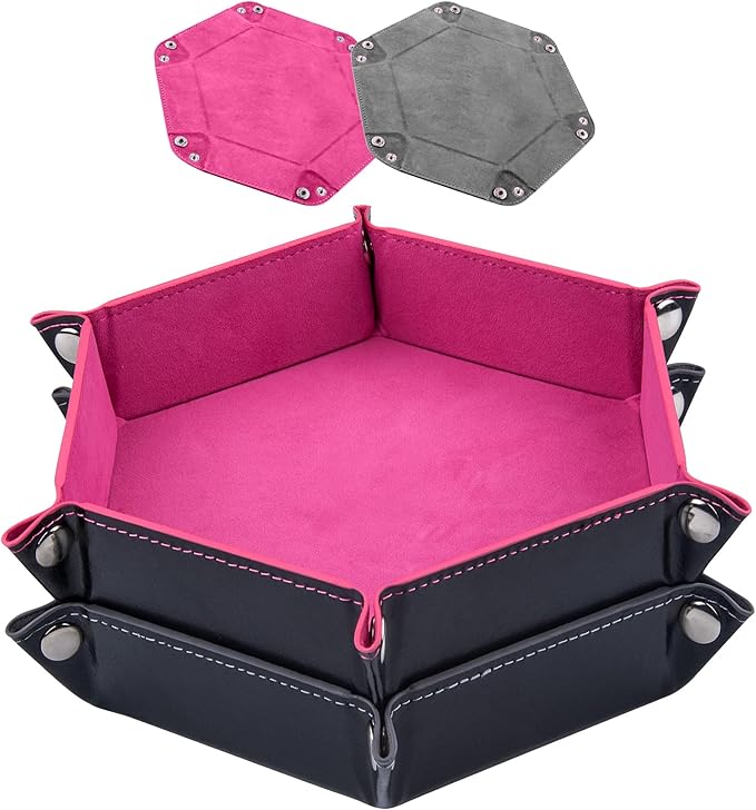SIQUK 2 Pieces Dice Tray PU Leather Dice Folding Hexagon Tray Dice Holder for Dice Games Like RPG, DND and Other Table Games (Pink, Gray)