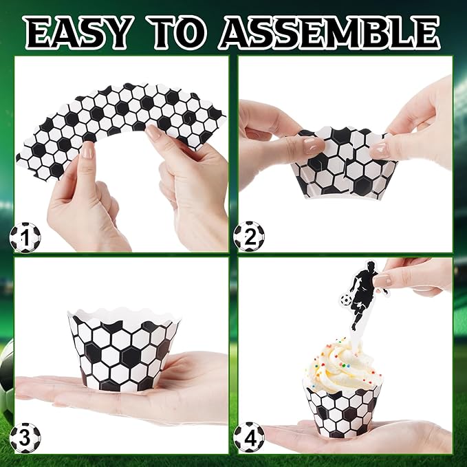 Nuenen 96 Pcs Soccer Cupcake Toppers and Wrappers Soccer Ball Birthday Party Cupcake Decorations Football Themed Cake Picks for Sports Theme Birthday Gathering Party Decoration Supplies (Game Day)