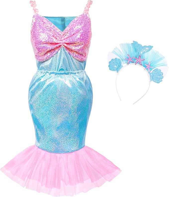 Jeowoqao Mermaid Princess Dress Up Costume, Girls Dress Up Pretend Play Clothes Gift 13Pcs Princess Costume for Little Girls Age 3 4 5 6 Years
