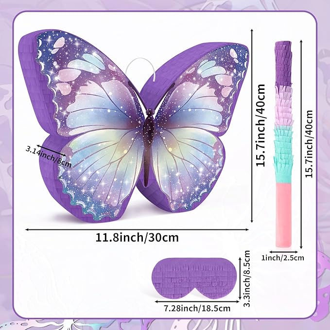 Hooqict Butterfly Piñata Purple Butterfly Pinata with Blindfold and Bat Stick for Kids Girls Spring Garden Family Games Purple Fairy Birthday Party Decorations Supplies