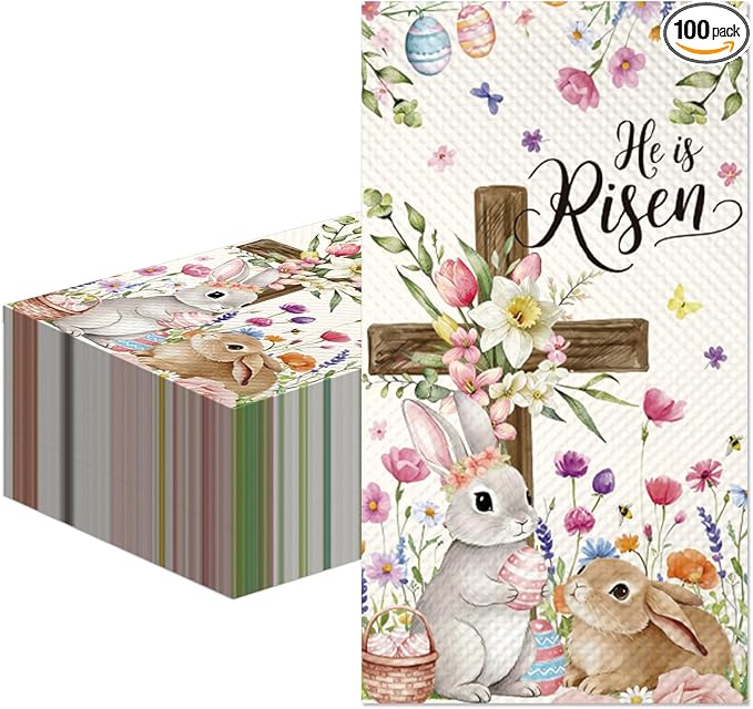 100Pcs He Is Risen Easter Napkins - Watercolor Bunny Rabbit Flower Egg Party Napkins Spring Floral Theme Party Supplies Disposable Luncheon Dinner Napkins 7.8" x4.3" for Tea Party Kitchen