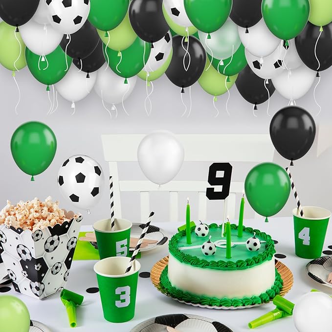 Soccer Birthday Party Balloons, 12 Inch Soccer Printed Balloons Dark Green and Black Balloons Clear Green and White Balloon for Boys Football Soccer Party Sports Anniversary Baby Shower Decorations