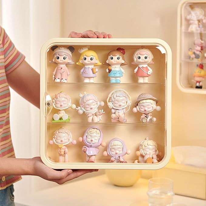 Clear Display Case for Figures, Wall-Mounted Doll Storage Box, Adjustable Display Stand with Door Dust and Moisture Proof Suitable for Lego Collectibles Action Figures Pop Mart (Cream)