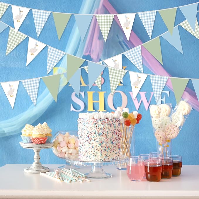 Pasimy 5 Pcs One Silly Goose Birthday Party Decorations Blue Green Gingham Print Pennant Banners Funny Geese Triangle Bunting Banners for Farm Animal Baby Shower First Birthday Party Decorations