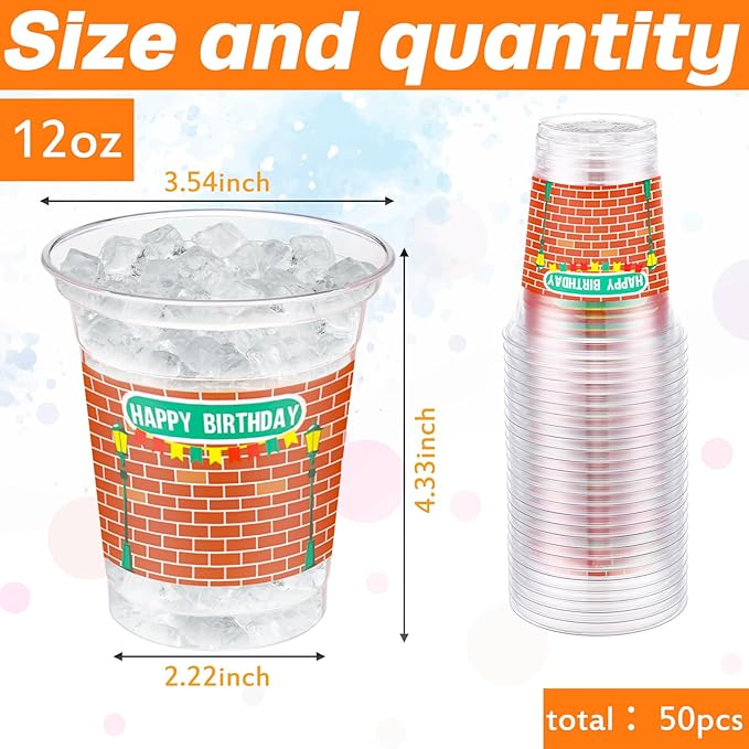 CHENGU 50 Pcs Cartoon Happy Birthday Party Supplies for Street Red Brick Disposable Cup for Street Theme Birthday Party Baby Shower Favors