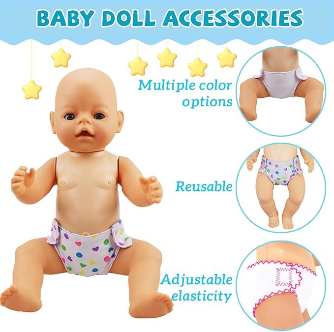 6 Pcs Baby Doll Accessories, 4 Doll Diapers for 14-18 Inch Doll, Magic Disappearing Milk & Juice Bottles with Toy Pacifier for Reborn Baby Doll Diapers and Feeding Bottle Toys Reusable
