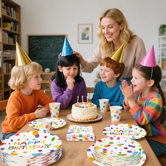 180PCS Happy Birthday Party Supplies Serves 60,Rainbow Dot Party Paper Plates and Napkins Set for Kids Boys Girls Birthday Party Decorations