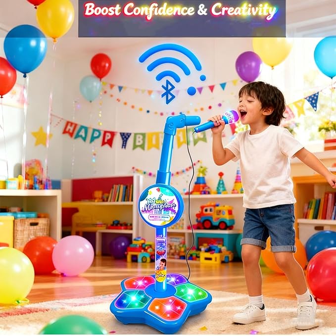 Karaoke Machine Toy with Light, Kids Karaoke Microphone with Stand, Adjustable Stand, Built-in Music, Colorful Lights, and Echo Effects, Birthday for Girls Boys (Blue)