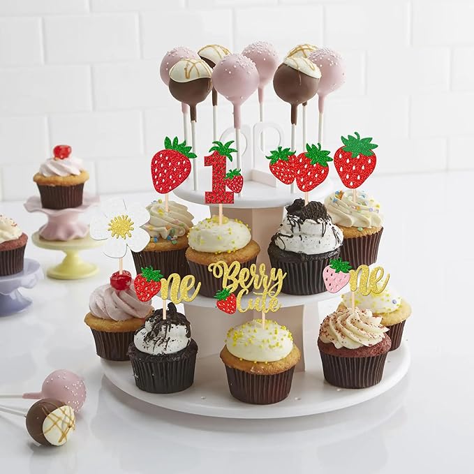 30 PCS Sweet One Strawberry Cupcake Toppers Glitter Sweet Berry 1st Birthday Cupcake Picks Strawberry Birthday Decorations for Baby Shower Kids First Birthday Party Cake Decorations Supplies Gold