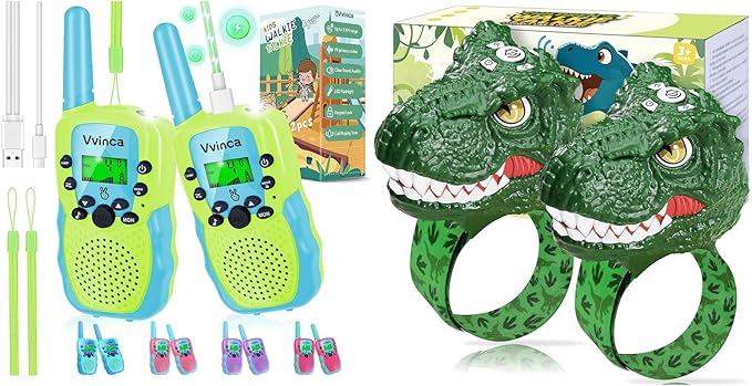 Vvinca Kids Walkie Talkies 4-Pack with 2 Dinosaur Shaped and 2 Rechargeable Long Range Walkie Talkies with Flashlight for Boys Girls Age 3-12 Ultimate Outdoor Adventure Gift Set