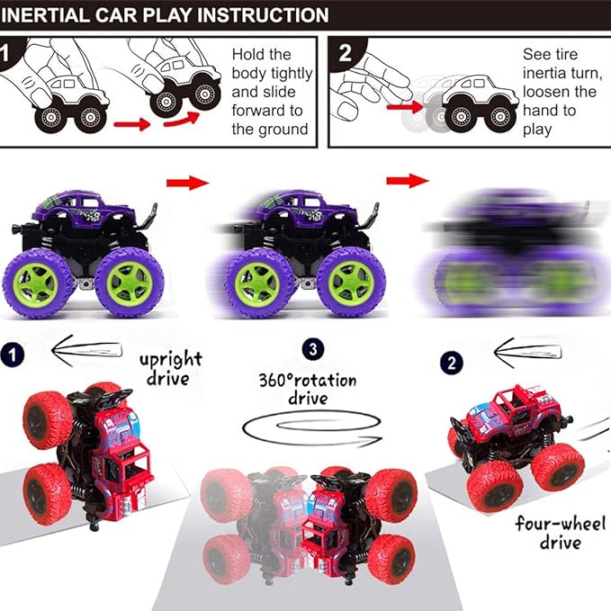 Monster Trucks for Boys, 4 Pack Pull Back Vehicles Cars for Toddlers, 360° Rotation 4 Wheels Drive Durable Friction Cars Powered Push and Go Toys Truck Playset Gift for 3 4 5 6 7 8 Year Old Kids Girls
