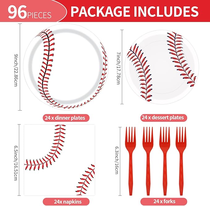 96 Pcs Baseball Paper Plates and Napkins Party Supplies, Baseball Party Plates Napkins and Forks Disposable Tableware Set for for Sports Theme Birthday Party Decorations Serves 24 (Baseball)