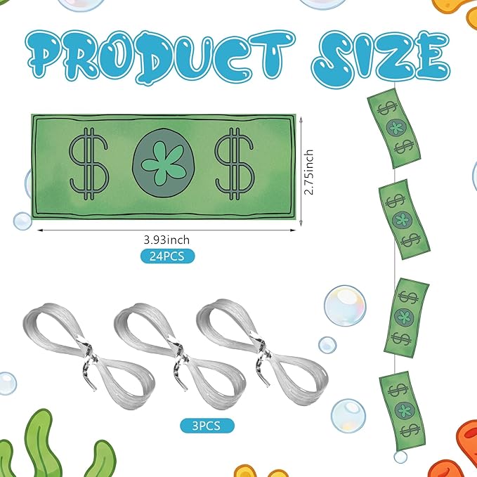 Preboun 24 Pcs Sponge Cartoon Themed Party Decorations 3.94 Inches Green Dollar Bills Hanging Swirls Cartoon Ocean Theme Hanging Decor Under the Sea Decoration for Baby Shower Birthday Supplies