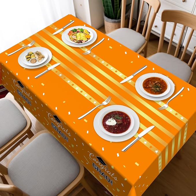 Childom 3 Pack Graduation Tablecloth,Graduation Decorations Class of 2026 Graduation Party Decorations,54"x108" Orange and Gold Plastic Table Cloth Disposable Rectangle for Home,School,Party Supplies