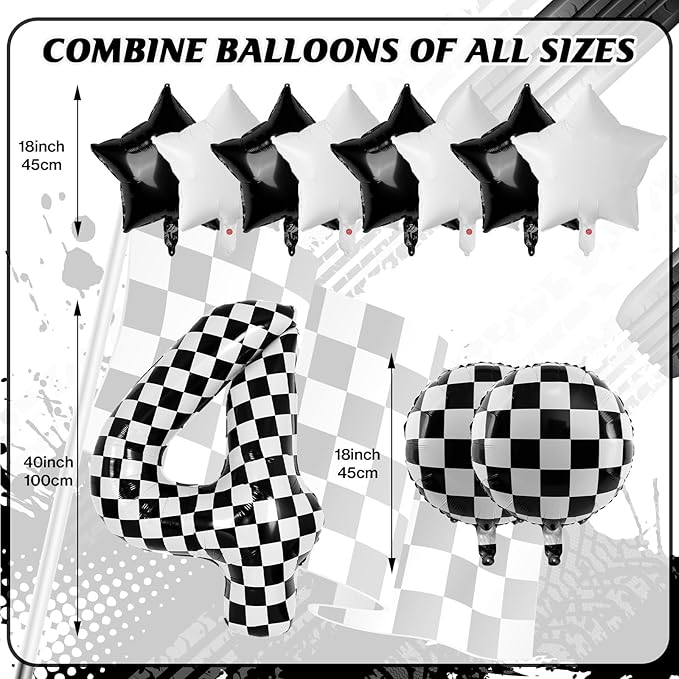 40 Inch Checkered Number Balloons 4 Black and White Foil Balloon for Girls & Boys Racing Car Theme Birthday Party Decorations, Party Supplies & Favors(Number 4)