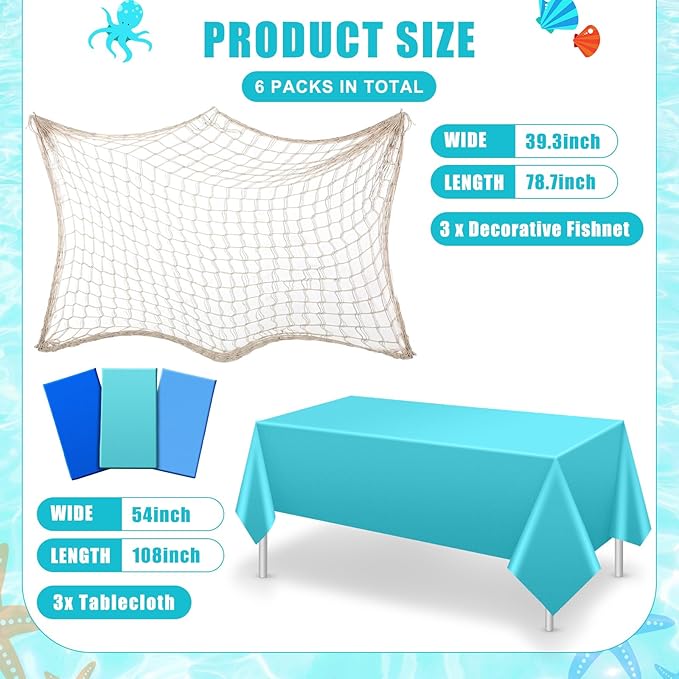 Unittype 6 Pcs Fish Net Decorative and Tablecloth Set, Cotton Fishnet and Plastic Table Cover Decorations Set for Nautical Themed Party Baby Shower Pirate Decorations Mermaid Party(Vivid Color)
