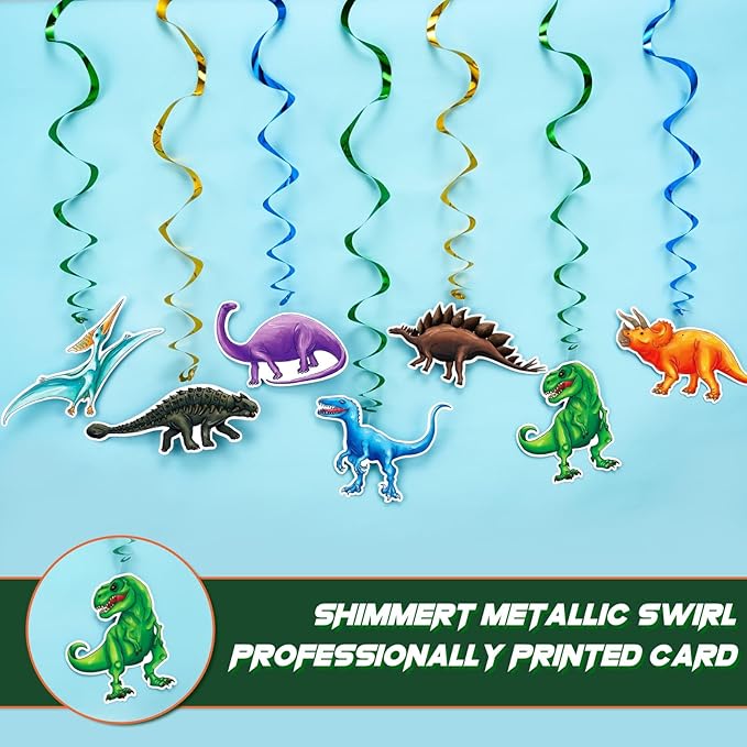 WERNNSAI Dinosaur Hanging Swirls - 21PCS Dinosaur Party Decorations for Birthday Party Ceiling Decorations for Kids Boys Themed Party Supplies Dino Party Favors Glitter Decor Hanging Streamers