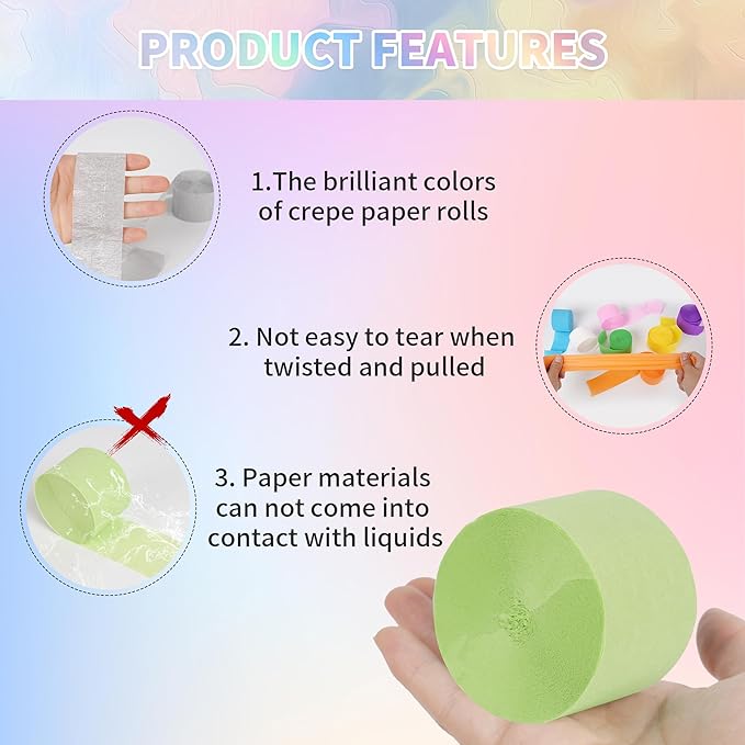 12 Rolls Crepe Paper Streamers - 12 Colors Rainbow Party Streamers for Birthday, Baby Shower, Wedding, Fiesta, Graduation, Christmas Decorations