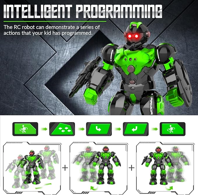 STEMTRON Robot Toys for Kids, Programmable Remote Control Robot with Intelligent Gesture Sensing, Recharge, Singing & Dancing Mode, Launcher (Green)