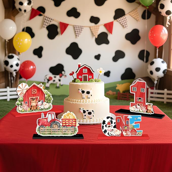 4Pcs Farm Animal One Wooden Table Centerpieces Farm Barnyard Happy 1st Birthday Table Sign Party Supplies for 1 Year Old Baby Shower Boys Girls Birthday Party Supplies Decor Photo Props Kids