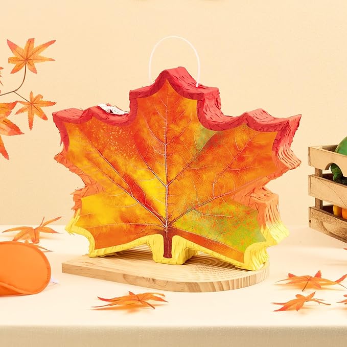WERNNSAI Fall Leaf Piñata - Maple Leaf Piñata Thanksgiving Party Games for Kids Orange Autumn Hanging Leaves Decor Fall Festival Thanksgiving Family Party Favors with Blindfold