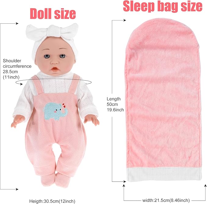12 inch Baby Doll - Adorable Doll and Accessories Including Romper, Sleeping Bag, Feeding Accessories, Rabbit Plush Toy