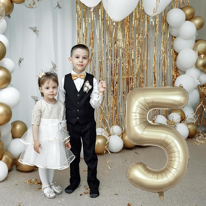 Metallic Gold 5 Balloons, 40 Inch Giant Light Gold Mylar Foil Number 0-9 Helium Balloon for Girls Boys, Self Inflating Champagne 5th Birthday Balloon for Women Anniversary Party Decorations Supplies