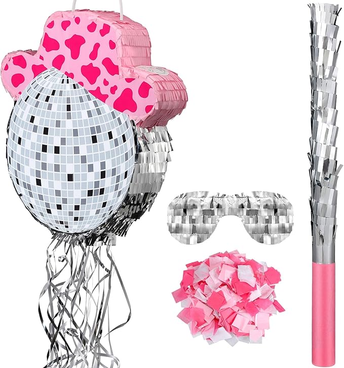 Sratte Disco Ball Piñata Cute Hat Disco Ball Party Supplies Piñata with Blindfold and Bat Theme Decorations for Birthday Fiesta Party Supplies (12.8 x 13.78 Inch)