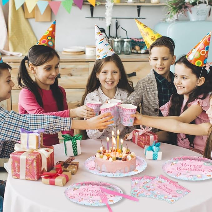 Lofaris Sweet Sassy and Six Birthday Party Supplies Serves 24 - 192Pcs Donut Tableware Set - Candy Dessert Theme Decorations Plates Napkins Cups for Girls