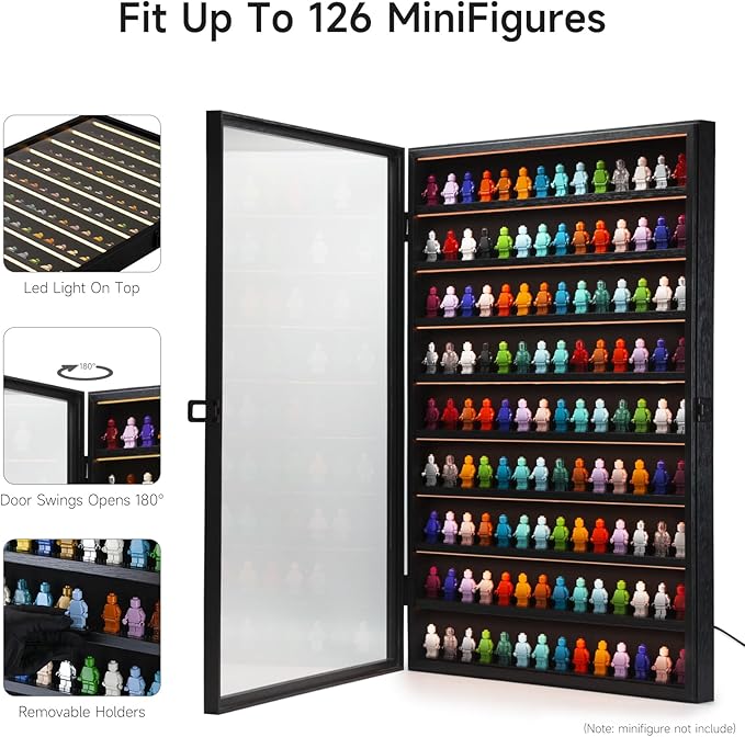Large 126 Minifigures Miniature Display Case ,LED Building Block Toy Collectibles Display Box , Wall Mount Figure Display Cabinet with Acrylic Protected Clear Lockable Door
