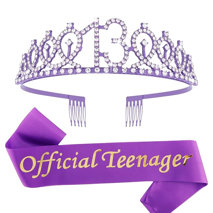 CIEHER Purple 13th Birthday Crown & Sash Set, Tiara, Decorations, Teen Girl Gifts