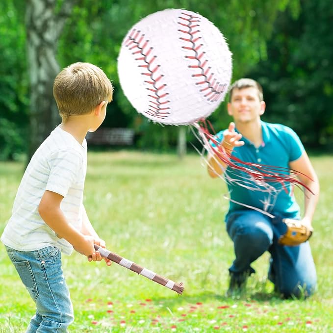Baseball Piñata with Blindfold Bat for Birthday Party Softball Paper Piñata Sports Balls Confetti Baseball Party Supplies for Birthday Party Decorations 13.19 x 13.19 x 3 Inch(Simple)
