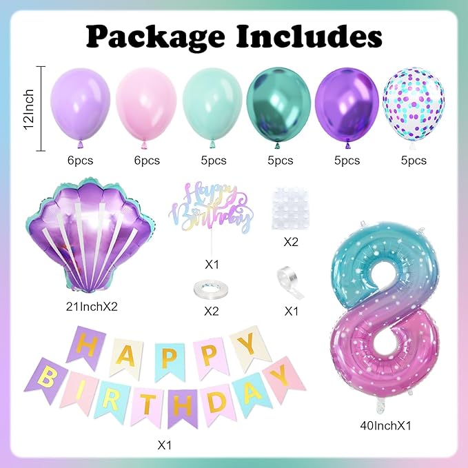 8th Mermaid Birthday Decoration,Metallic Purple Pink Green Blue Latex Balloons for Girls Party Decoration Number 8 Seashell Foil Balloons Banner Cake Topper Sea Decoration
