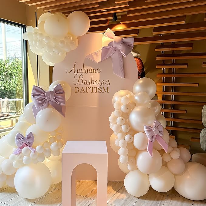 Pearl White Balloon Garland Arch Kit 132 Pcs Bow Coquette Sand White Ivory Party Balloons with Pastel Pink Long Latex Balloon for Girls Princess Wedding Baby Shower Bridal Birthday Party Decor