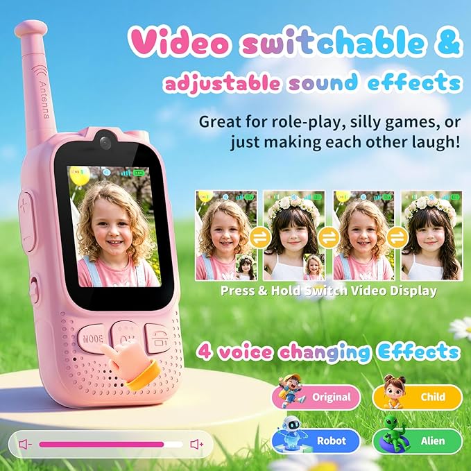 Kids Audio/Video Walkie Talkies, 2 Pack Rechargeable Walkie Talkies for Kids with 2’’ Screen & Camera & Voice Changer, Long Range Boys Girls Toys for Indoor Outdoor Camping Hiking Games (Pink/Pink)