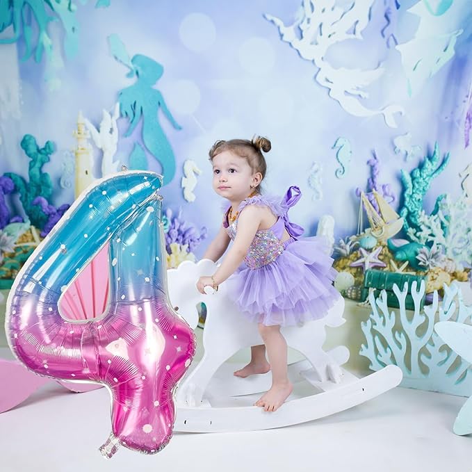 Purple Teal Number 4 Balloons, 40 In Large Mermaid Starry Number 4 Mylar Foil Helium Balloons for Girls, Self Inflating Rainbow Number Four Balloon for Women 4th Birthday Anniversary Party Decoration