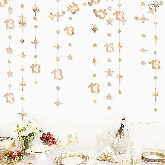 Champagne Gold 13th Birthday Decorations Number 13 Circle Dot Twinkle Star Garland Glitter Streamer Banner Backdrop Girls Boys Cheers to 13 Years Old Birthday Official Teenager Party Supplies