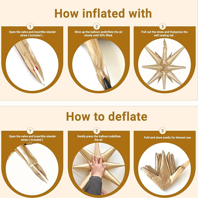6 Pcs Foil Balloons Gold and Caramel Colour One-Piece 14-Pointed Star Balloon 4D Starburst Cone Mylar Balloon 22inch Christmas Birthday Wedding Party Supplies (Gold + Caramel Colour)