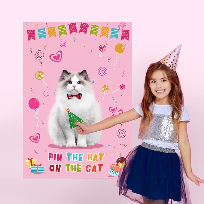Hooqict Pin The Hat On The Cat Party Game Cat Birthday Party Games for Kids, Cat Birthday Party Supplies Decorations for Girls Boys, Large Pin The Tail Poster with 54 Hat Stickers