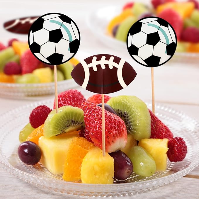 BLUE TOP 48pcs Two Side Sports Ball Cupcake Toppers Sports Theme Cupcake Picks Party Decor Football Baseball Basketball Rugby Decoration Picks for Olympics Games Celebration