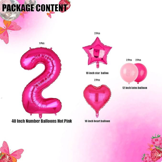 40 Inch Number Balloons Hot Pink 2 Large Number Balloon Anniversary Event Celebration Bachelorette Cowgirl Let's Go Girls Pink Themed 2nd Birthday Party Decor Supplies 9 Pcs