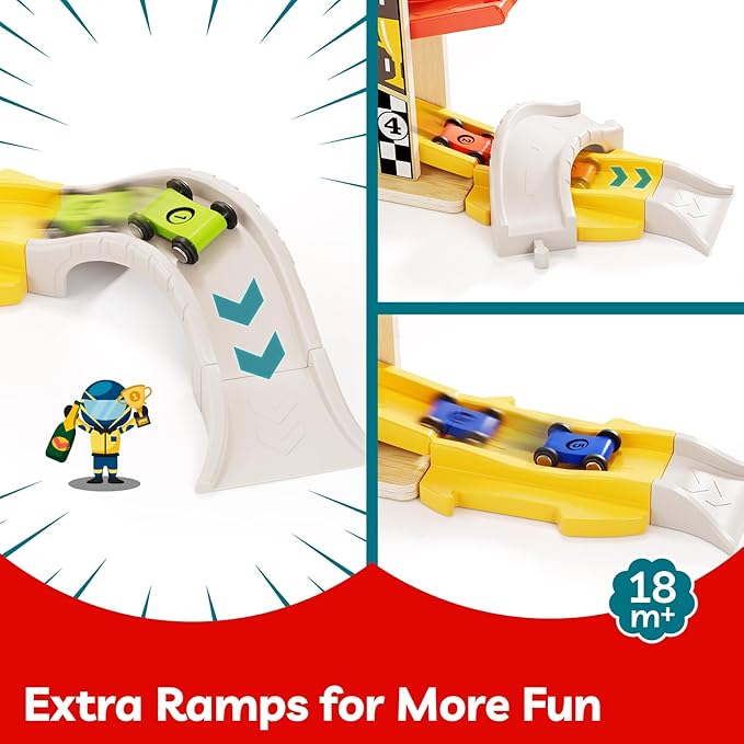 TOP Bright Wooden Race Track Car Ramp Toys for Toddlers 1-3 Years Old with 6 Mini Cars, 1 Car Garage & Extra Bridges, Toddler Montessori Toys for 1 Year Old Boys Girls Birthday