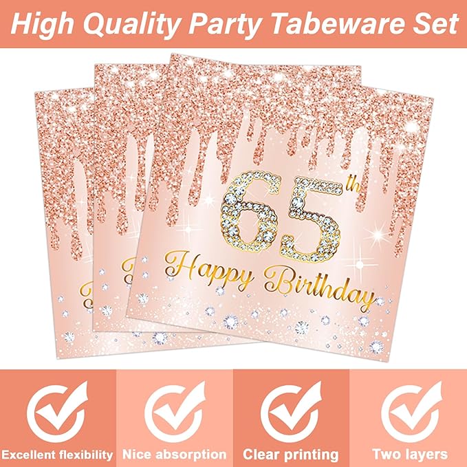 50Pcs Rose Gold 65th Birthday Party Paper Plates and Napkins Women Rose Gold 65 Years Old Table Decorations Happy Sixty-five Years Old Tableware Set Serves 25 Guest Pink 65th Birthday Party Supplies