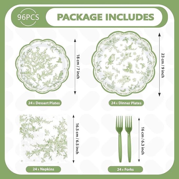 96Pcs Green Hummingbird Flowers Party Supplies Sage Green Bird Floral Plates and Napkins Disposable Vintage Spring Floral Tableware Set for Birthday Picnic Dinner Party Decorations Serves 24